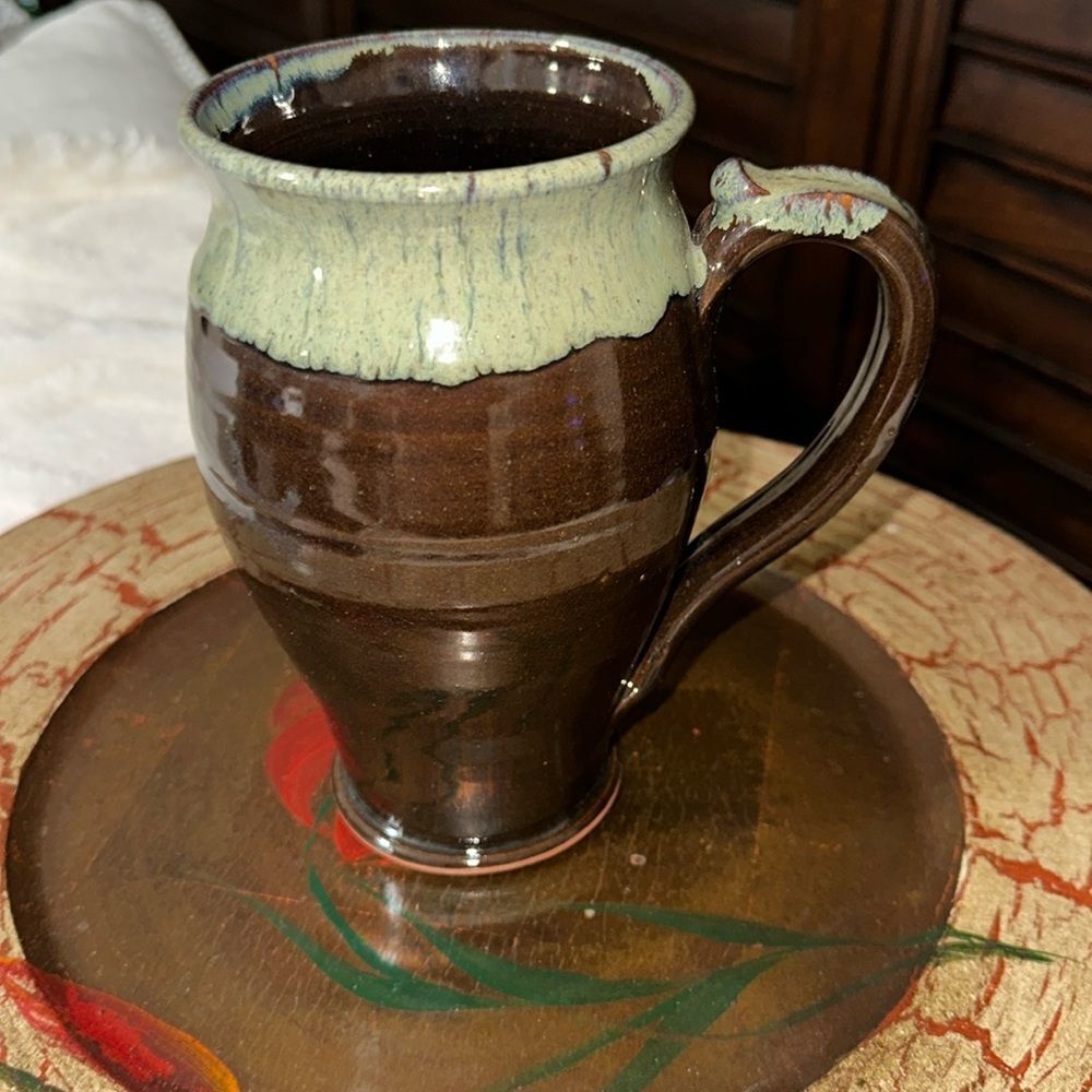 Handmade Pottery Tall Mug with a handle Brown Green